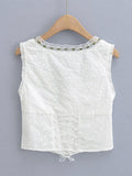 Nukty Spring Summer New Vintage Fashion Cute White Lace Edge U-Neck T-Shirt Woman Bow Short Vest Crop Top Female