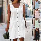 Nukty Fashion O-neck White Lace Tank Dress Women Summer Casual Buttons Sexy Cotton Hollow Out Elegant Ladies Dresses For Women