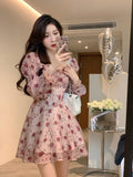 Nukty Vintage Sweet Korean Fashion Floral Bodycon Mini Dress for Women Party Beach Long Sleeve Casual Dresses Elegant Summer Pink