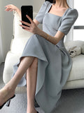 Nukty Vintage Square Collar Casual French Midi Dress for Women Elegant Party Ladies Pleated A-Line Femme Fashion Bodycon Dress Summer