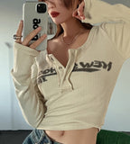 Retro Graffiti Print Elastic T Shirt Women Sexy Slim Crop Top Ribbed Long Sleeve O-neck Tops Grunge Tee Tops Korean