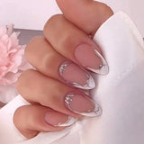 24Pcs Pink Almond False Nails Shiny Golden Ripples Stiletto Fake Nails Detachable Oval Full Cover Press on Nails Tips Manicure