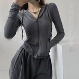 Gothic Streetwear Zip Up Oversized T Shirts Women Vintage Sexy Solid Hooded Cardigan Long Sleeve Cropped Tops Tracksuit