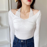 Fake Two-Piece Halter White Sweater T-shirt Women's Autumn New Long Sleeve Slim Tight Bottoming Sweater Top