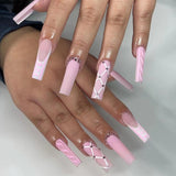 24Pcs French Long Ballet Nails Set Press on Long False Nails with Pink Rhinestone Wearable Coffin Fake Nails Full Cover Nail Tip