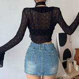 Nukty Women Lace Blouses  Y2k Crop Top Sexy Gothic GrungeFemale Shirts Elegant Black Transparent Cardigan Korean Streetwear