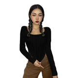 Nukty Women Y2k Long Sleeve Basic Slim Crop Top Irregular Texture Skinny Tee Ribbed Stretchy Shirts Bodycon Blouse