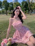 Casual Floral Sexy Dress Women Summer Pink Sleeveless Patchwork Mini Dresses Female Elegant Party Holiday Slim Korean Dress