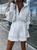 Nukty Pajama for Women Vintage Single Breasted White Lace Women Shorts Sets Long Sleeve Casual Party 2 Pcs Outfits Femme Suit Summer