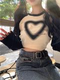 Vintage Slim Long Sleeve T Shirts Women Y2K Harajuku Heart Print Crop Tops Kpop Grunge Casual Patchwork Aesthetic Tees