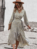 Spring Autumn Long Bandage Print Dress For Women New V Neck Full Sleeve Hight Waist Winter Maxi Dresses Ladies Elegant