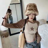 Kpop Vintage Star Brown Crop Tops Women Hippie Korean Fashion Patchwork Slim Top Harajuku Long Sleeve T-shirts Female