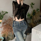 Sexy Gothic Women Lace Blouses Grunge Y2k Crop Top Female Shirts Elegant Black Transparent Cardigan Korean Streetwear