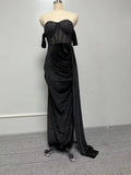 Nukty Sexy Backless Evening Party Dress for Women Black Lace Chest Wrapping Off the Shoulder Split Mermaid Prom Gown Maxi Dresses