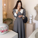 Nukty Vintage Lace Plaid Chic Puff Sleeve Woman Dresses Women Korean Temperament Office Lady Lapel Robe Slim Waist Long Sleeve Dress