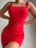 Nukty Women Fashion Red Boydon Mini Party Dress Slim Fit Sexy Short Dress Thick Strap Bodycon Mini Dress