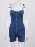 High Quality Summer Denim Jumpsuit for Women Blue Rompers Fashion Short Bodysuit Slim Jumpsuit Ladies Vestidos Removable Straps