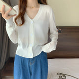 Nukty Summer V Neck Cardigan Women Casual Transparent Sweater Shirts Lady Simple Thin Solid Outwear Female Crop Top