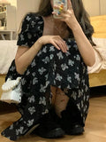Nukty Vintage Black Square Collar Bandage Puff Sleeve Print Chiffon Midi Maxi Dresses for Women Party Dress Korea Clothing Summer