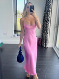 Nukty Pink Camis Satin Long Dresses Elegant Sleeveless Slip Holiday Party Dresses Sexy Casual Backless Summer Dresses Women