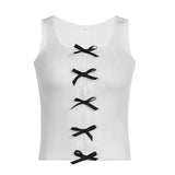 Nukty Korean Sweet White Skinny Women Tops Vest Sleeveless Lace Spliced Split Y2K Cute Bow Summer Crop Top Coquette Clothes