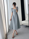 Nukty Vintage Square Collar Casual French Midi Dress for Women Elegant Party Ladies Pleated A-Line Femme Fashion Bodycon Dress Summer