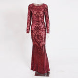 Gold Elegant Full Sleeved O Neck Sequined Evening Party Dress Stretch Floor Length Lining Bodycon Burgundy Black Maxi Dress