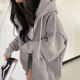 Nukty Harajuku Zip Up Hoodie Women Retro Long Sleeve Oversized Solid Color  Hoodies Autumn Korean Style Pocket Drawstring Sweatshirt
