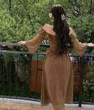 Nukty Fairycore Dress for Women Fashion Sweet Ruffle Slash Neck Backless Vintage Dress Elegant Long Sleeve Women Dress