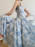 Nukty Print Dress for Women Fashion Fairycore Spaghetti Strap Summer Dress Chic Elegant Square Collar Slim Midi Dress