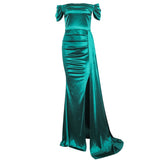 Off the Shoulder Ruched Long Satin Maxi Dress with Ribbon Formal Pleated Leg Split Prom Gown