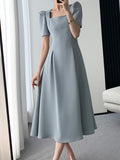 Nukty Vintage Square Collar Casual French Midi Dress for Women Elegant Party Ladies Pleated A-Line Femme Fashion Bodycon Dress Summer