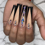 24Pcs Long Ballet False Nails Full Cover Fake Nails with Rhinestone Brown Wood Grain Design Nail Tips Coffin Press on Nails