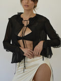 Sexy Black Mesh See Through Cardigan Shirt Women Elegant V Neck Long Sleeve Tie Up Ruffled White Crop Top Street Clubwear