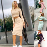 Two piece set Women Fashion Short Long Sleeves Crop Top Solid Midi Bodycon Skirt Summer Women Outfit Dress Sets Suits