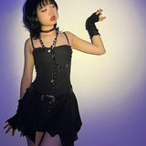 Nukty E-girl Harajuku Grunge Mini Dress Y2K Aesthetics Fairy Sexy Low Cut Front Hook Irregular Hem Backless Corset Dress Streetwear