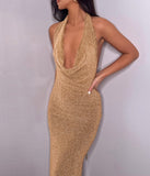 Nukty Elegant Gold Sequin Long Party Dresses For Women Sexy Halter Backless Maxi Dress Draped Glitter Luxury Evening Dress