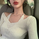 Fake Two-Piece Halter White Sweater T-shirt Women's Autumn New Long Sleeve Slim Tight Bottoming Sweater Top