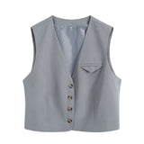 Nukty Suits Spring OL Style Sets Women Casual 2 Piece Sleeveless Blazer Cropped V Neck Vest + Loose Long Pants Grey