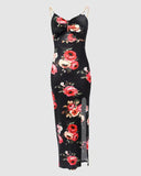 Nukty Sexy Spaghetti Strap Backless Floral Midi Bodycon Dress Women Summer Black  Metal Chain Party Long Dresses For Women
