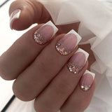 24Pcs Glitter Pink Gradient False Nails Wearable French Fake Nail with Rhinestone Designs Short Ballet Press on Nails Manicure