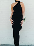 Nukty Black Backless Pearl Chain Dress Elegant Party Hollow Out Halter Sleeveless Slim Fashion Irregular Long Dress Sexy Clubwear