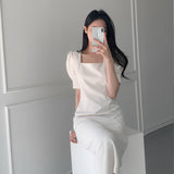 Nukty Vintage Dresses for Women Party Elegant Square Collar Vestidos Bodycon Work Office Lady Female Woman Dress Clothes Summer