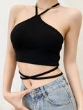 Nukty Women Halter Tie Back Cropped Camisole Halter Neck Tie Waist Tank Top