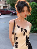 Nukty Vintage Elegant Print Spaghetti Strap Midi Dress for Women Party Fashion One Piece Bodycon Prom Robe Vestidos Summer Korean