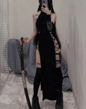 Nukty Cosplay High Split Sexy Bandage Women Dresses Y2K Mall Gothic Halter Slim Midi Dress Black Grunge Style Alt Partywear