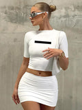 Fashion O Neck Short Sleeve White Crop Top + Bodycon Mini Skirt Hot Girls Suit Casual Solid Color Print Club Streetwear