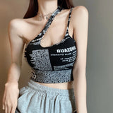 Nukty irregular spaghetti strap tank top woman newspaper letter print wirefree bra camis for women camisole new trend