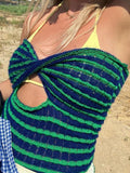 Knitted Corset Crop Tops Sleeveless Cut Out Top Twist Front Y2K Clothes Women Tube Top Striped Tanks Cami Vest Green Top Summer