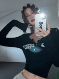 Retro Graffiti Print Elastic T Shirt Women Sexy Slim Crop Top Ribbed Long Sleeve O-neck Tops Grunge Tee Tops Korean